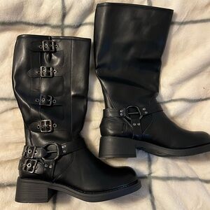 Knee high square toe pull on calf fashion buckles women’s boots